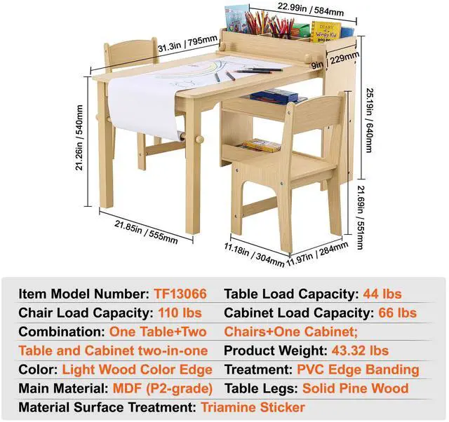Alt view image 14 of 14 - VEVOR Kids Art Table and 2 Chairs, 2-in-1 Toddler Craft and Play Activity Table, Wood Toddler Table and Chair Set with A Cabinet for Art, Craft, Reading, Learning