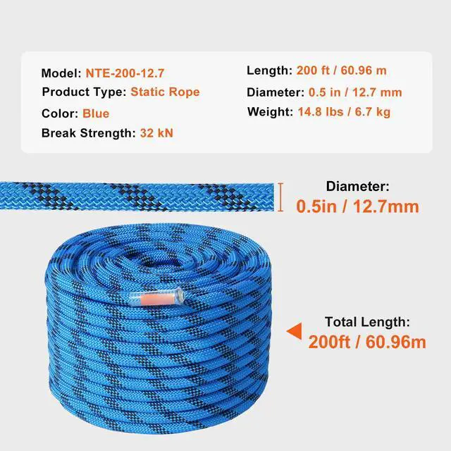Alt view image 14 of 14 - VEVOR 12.7mm Static Climbing Rope, 60.9M(200ft) Outdoor Rock Climbing Rope 32KN Breaking Tension, Fiber Rope with Steel Snap Hooks for Escape, Rappelling, Fire Rescue, Blue