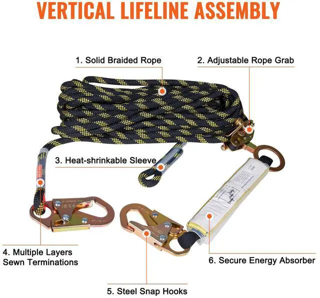 Alt view image 13 of 14 - VEVOR Vertical Lifeline Assembly, 0.55'' x 25' Fall Protection Rope with 30 KN Breaking Tension, Polyester Roofing Rope with Steel Snap Hooks, Rope Grab, and Shock Absorber, ANSI Compliant
