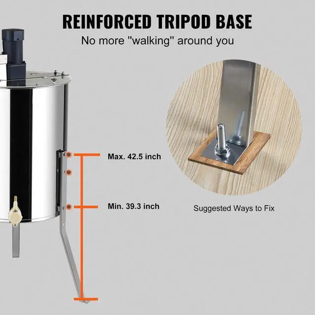Alt view image 13 of 15 - VEVOR Electric Honey Extractor, 4/8 Frames Honey Spinner Extractor, Stainless Steel Beekeeping Extraction, Honeycomb Drum Spinner with Lid, Apiary Centrifuge Equipment with Height Adjustable Stand
