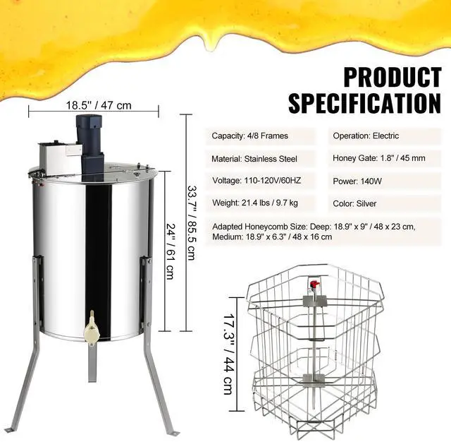 Alt view image 15 of 15 - VEVOR Electric Honey Extractor, 4/8 Frames Honey Spinner Extractor, Stainless Steel Beekeeping Extraction, Honeycomb Drum Spinner with Lid, Apiary Centrifuge Equipment with Height Adjustable Stand