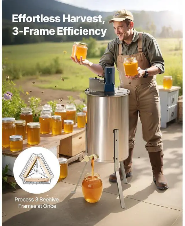 Alt view image 3 of 8 - VEVOR Electric Honey Extractor, 3 Frame Honey Spinner with Transparent Lid, 140W Stainless Steel Honeycomb Drum Spinner, Height Adjustable, Honeycomb Extraction Equipment for Beekeeping