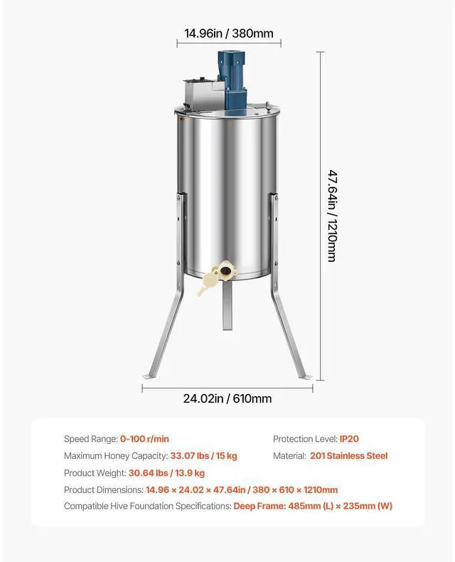 Alt view image 8 of 8 - VEVOR Electric Honey Extractor, 3 Frame Honey Spinner with Transparent Lid, 140W Stainless Steel Honeycomb Drum Spinner, Height Adjustable, Honeycomb Extraction Equipment for Beekeeping