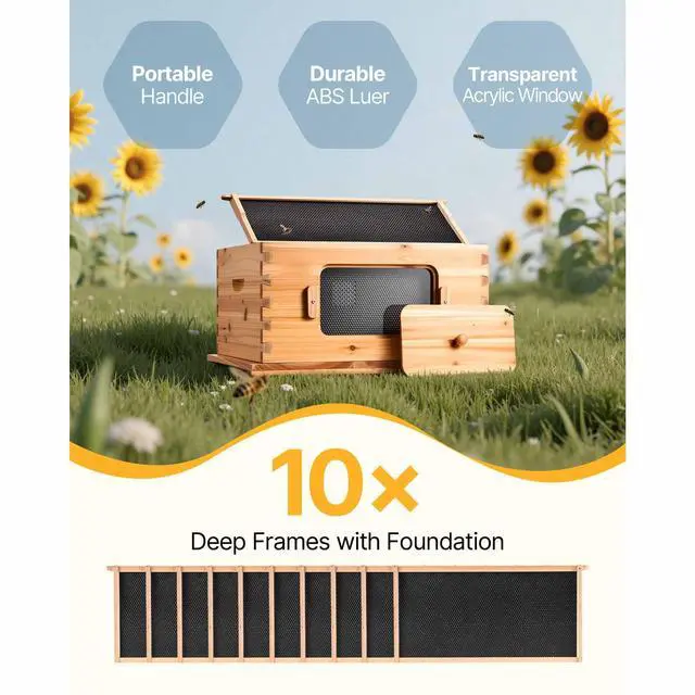 Alt view image 9 of 14 - VEVOR Bee Hive Deep Box Starter Kit, 100% Beeswax Coated Natural Cedar Wood, Langstroth Beehive Kit with 10 Frames and Foundations, Transparent Acrylic Bee Windows for Beginners and Pro Beekeepers