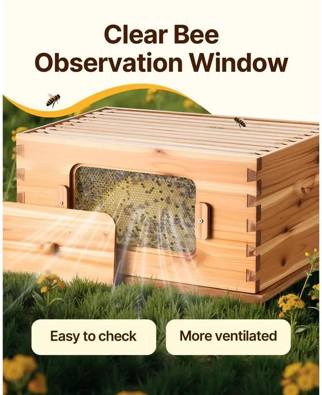 Alt view image 12 of 14 - VEVOR Bee Hive Deep Box Starter Kit, 100% Beeswax Coated Natural Cedar Wood, Langstroth Beehive Kit with 10 Frames and Foundations, Transparent Acrylic Bee Windows for Beginners and Pro Beekeepers