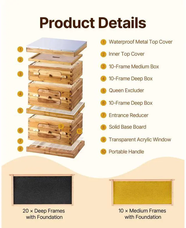 Alt view image 9 of 14 - VEVOR Bee Hive 30 Frame Bee Hives Starter Kit, Beeswax Coated Fir Wood, 2 Deep + 1 Medium Bee Boxes Langstroth Beehive Kit, Transparent Acrylic Windows with Foundations for Beginners Pro Beekeepers