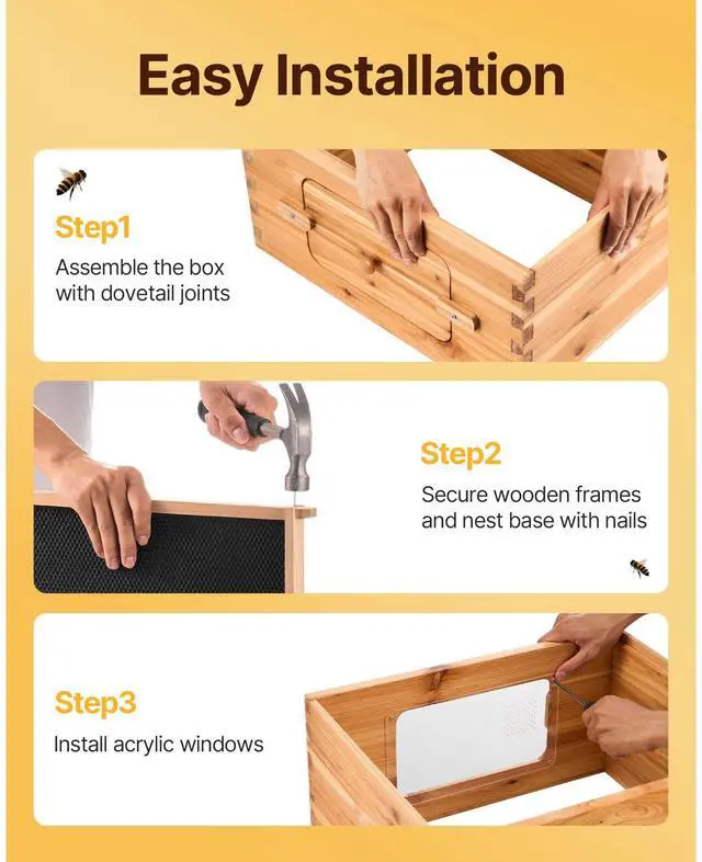 Alt view image 13 of 14 - VEVOR Bee Hive 30 Frame Bee Hives Starter Kit, Beeswax Coated Fir Wood, 2 Deep + 1 Medium Bee Boxes Langstroth Beehive Kit, Transparent Acrylic Windows with Foundations for Beginners Pro Beekeepers