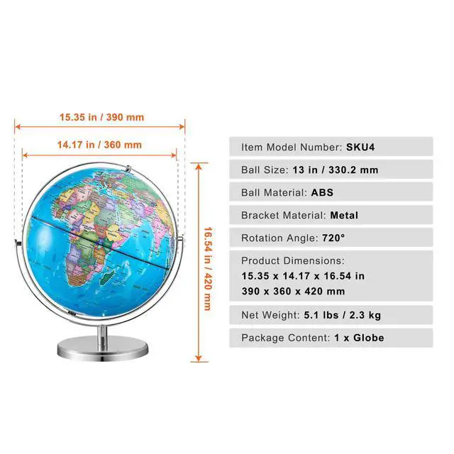 Alt view image 14 of 14 - VEVOR Rotating World Globe with Stand, 13 in/330.2 mm, Educational Geographic Globe with Precise Time Zone ABS Material, 720° Spinning Globe for Kids Children Learning Classroom Geography Education