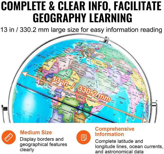 Alt view image 4 of 9 - VEVOR Illuminated World Globe with Stand, 13 in/330.2 mm, Educational Earth Globe with Stable Heavy Metal Base HD Printed Map and LED Night Lighting, 720° Spinning Globe for Kids Classroom Learning