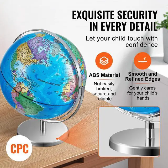 Alt view image 12 of 14 - VEVOR Rotating World Globe with Stand, 13 in/330.2 mm, Educational Geographic Globe with Precise Time Zone ABS Material, 720° Spinning Globe for Kids Children Learning Classroom Geography Education