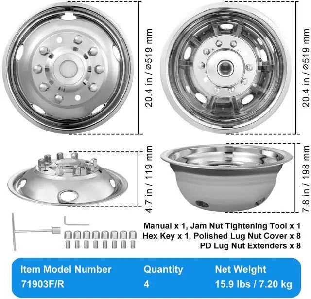 Alt view image 14 of 14 - VEVOR 19.5-inch 10 Lug Wheel Simulators, 304 Stainless Steel Wheel Simulator Kit with Mirror Polished Finish, 2 Front and 2 Rear Wheel Covers Fit for For Ford F450/F550 (2005-2020), 4 pcs