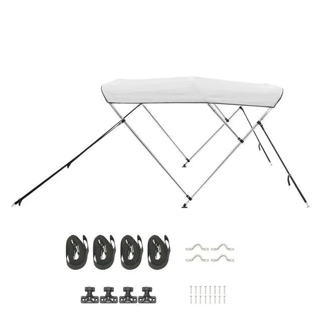 Alt view image 2 of 8 - VEVOR 3 Bow Boat Bimini Tops, 600D Polyester Canopy with Aluminum Alloy Frame, Waterproof & Sun Shade Boat Awning Canopy with Storage Bag, 2 Support Poles, 4 Straps, 6'Lx(54"-60")Wx46"H, Light Grey