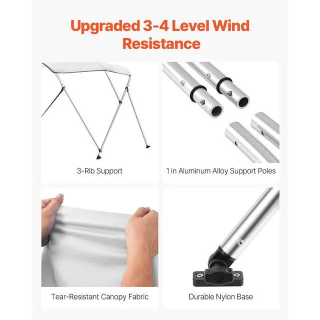 Alt view image 4 of 8 - VEVOR 3 Bow Boat Bimini Tops, 600D Polyester Canopy with Aluminum Alloy Frame, Waterproof & Sun Shade Boat Awning Canopy with Storage Bag, 2 Support Poles, 4 Straps, 6'Lx(54"-60")Wx46"H, Light Grey