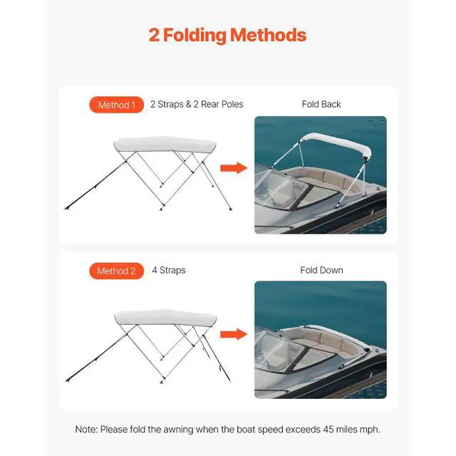 Alt view image 5 of 8 - VEVOR 3 Bow Boat Bimini Tops, 600D Polyester Canopy with Aluminum Alloy Frame, Waterproof & Sun Shade Boat Awning Canopy with Storage Bag, 2 Support Poles, 4 Straps, 6'Lx(54"-60")Wx46"H, Light Grey