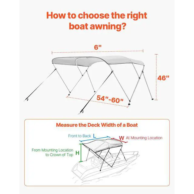 Alt view image 6 of 8 - VEVOR 3 Bow Boat Bimini Tops, 600D Polyester Canopy with Aluminum Alloy Frame, Waterproof & Sun Shade Boat Awning Canopy with Storage Bag, 2 Support Poles, 4 Straps, 6'Lx(54"-60")Wx46"H, Light Grey