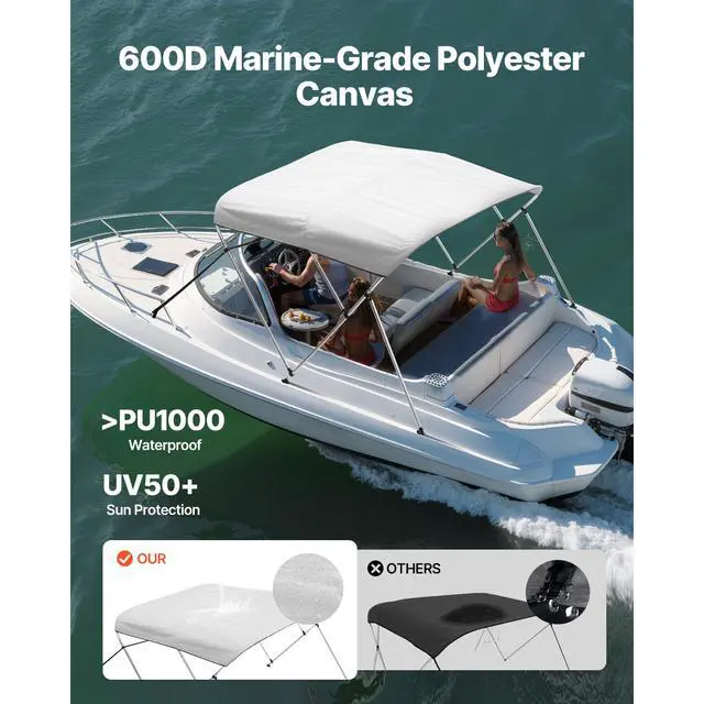 Alt view image 3 of 8 - VEVOR 3 Bow Boat Bimini Tops, 600D Polyester Canopy with Aluminum Alloy Frame, Waterproof & Sun Shade Boat Awning Canopy with Storage Bag, 2 Support Poles, 4 Straps, 6'Lx(54"-60")Wx46"H, Light Grey
