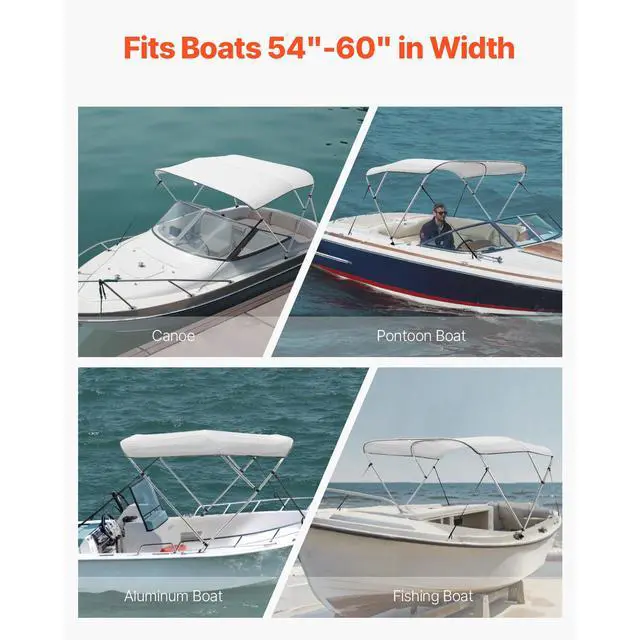 Alt view image 7 of 8 - VEVOR 3 Bow Boat Bimini Tops, 600D Polyester Canopy with Aluminum Alloy Frame, Waterproof & Sun Shade Boat Awning Canopy with Storage Bag, 2 Support Poles, 4 Straps, 6'Lx(54"-60")Wx46"H, Light Grey