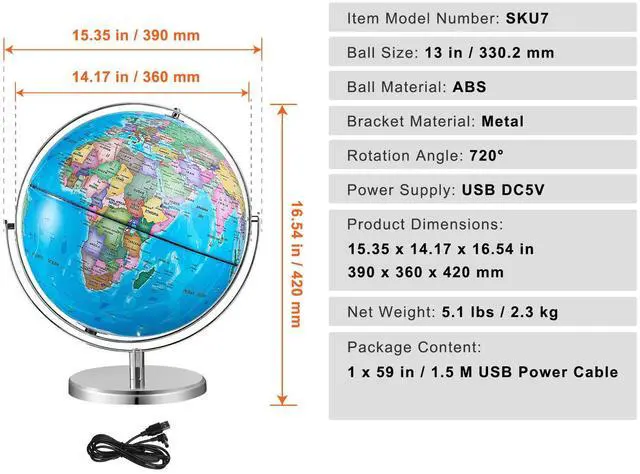 Alt view image 9 of 9 - VEVOR Illuminated World Globe with Stand, 13 in/330.2 mm, Educational Earth Globe with Stable Heavy Metal Base HD Printed Map and LED Night Lighting, 720° Spinning Globe for Kids Classroom Learning