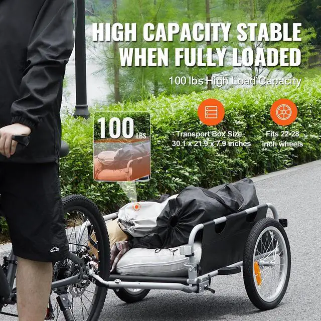 Alt view image 4 of 9 - VEVOR Bike Cargo Trailer, 100 lbs Load Capacity, Heavy-Duty Bicycle Wagon Cart, Foldable Compact Storage & Quick Release with Universal Hitch, 16" Wheels, Safe Reflectors, Fits 22"-28" Bike Wheels