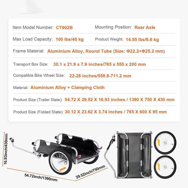 Alt view image 9 of 9 - VEVOR Bike Cargo Trailer, 100 lbs Load Capacity, Heavy-Duty Bicycle Wagon Cart, Foldable Compact Storage & Quick Release with Universal Hitch, 16" Wheels, Safe Reflectors, Fits 22"-28" Bike Wheels