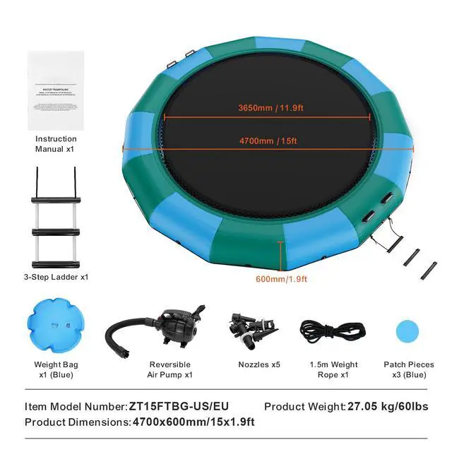 Alt view image 9 of 9 - VEVOR Inflatable Water Bouncer, 15ft Recreational Water Trampoline, Portable Bounce Swim Platform with 3-Step Ladder & Electric Air Pump, Kids Adults Floating Rebounder for Pool, Lake, Water Sports