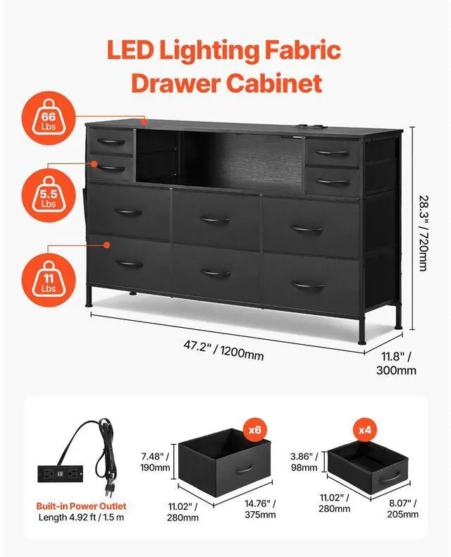 Alt view image 2 of 7 - 10 Drawer Dresser, Fabric Drawer Dresser with Fabric Bins, Closet Storage Drawers with Open Storage Shelf, LED Lights & Built-in Outlet, Fabric Storage Tower for Bedroom, Hallway, Closet, Black