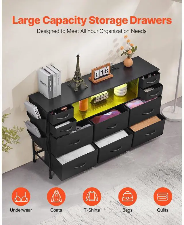 Alt view image 3 of 7 - 10 Drawer Dresser, Fabric Drawer Dresser with Fabric Bins, Closet Storage Drawers with Open Storage Shelf, LED Lights & Built-in Outlet, Fabric Storage Tower for Bedroom, Hallway, Closet, Black