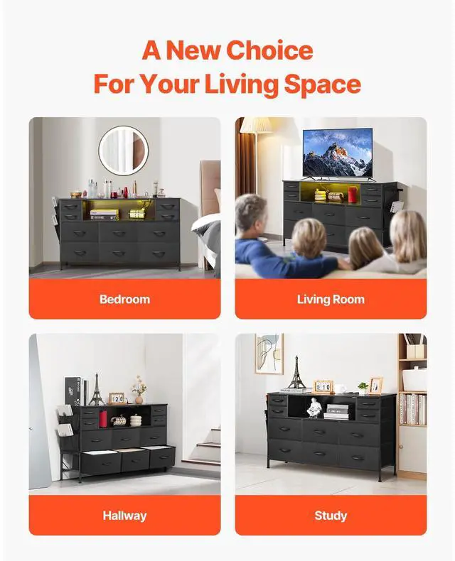 Alt view image 7 of 7 - 10 Drawer Dresser, Fabric Drawer Dresser with Fabric Bins, Closet Storage Drawers with Open Storage Shelf, LED Lights & Built-in Outlet, Fabric Storage Tower for Bedroom, Hallway, Closet, Black