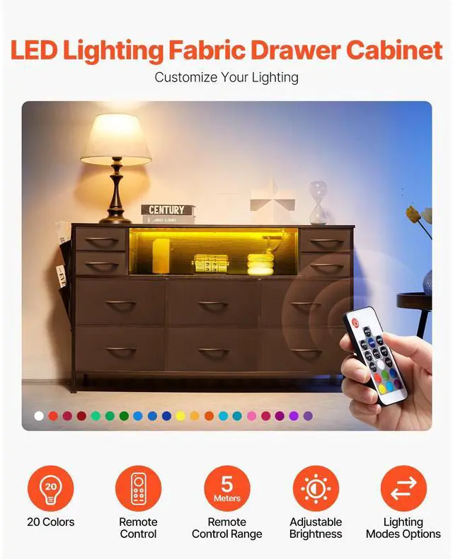 Alt view image 5 of 7 - 10 Drawer Dresser, Fabric Drawer Dresser with Fabric Bins, Closet Storage Drawers with Open Storage Shelf, LED Lights & Built-in Outlet, Fabric Storage Tower for Bedroom, Hallway, Closet, Black