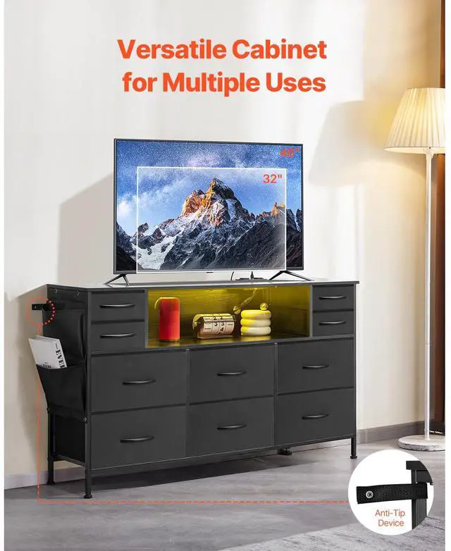 Alt view image 6 of 7 - 10 Drawer Dresser, Fabric Drawer Dresser with Fabric Bins, Closet Storage Drawers with Open Storage Shelf, LED Lights & Built-in Outlet, Fabric Storage Tower for Bedroom, Hallway, Closet, Black