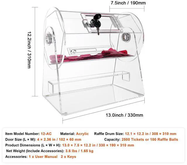 Alt view image 14 of 14 - VEVOR Acrylic Raffle Drum, Professional Raffle Ticket Spinning Cage with 2 Keys, Transparent Lottery Spinning Drawing, Holds 2500 Tickets or 100 Raffle Balls,Raffle Ticket Box for Lottery Games Bingo