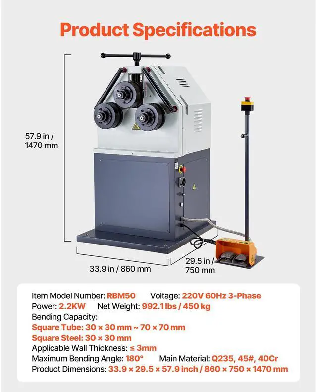 Alt view image 7 of 7 - 2.2KW Electric Roll Bending Machine, 3-Roller Electric Pipe Bender Machine with 180° Maximum Bending Angle & Reversible Foot Switch, Support Horizontal/Vertical Operation (220V 60Hz 3-Phase)