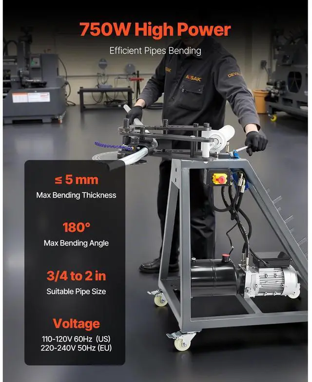 Alt view image 2 of 7 - Electric Tube Bending Machine, 750W Electric Tubing Bender with 6L Hydraulic Cylinder, Movable Pipe Bender Machine with Casters, 3 Dies & 180° Max Bending Angle, Suitable for 3/4 to 2 inch Pipes