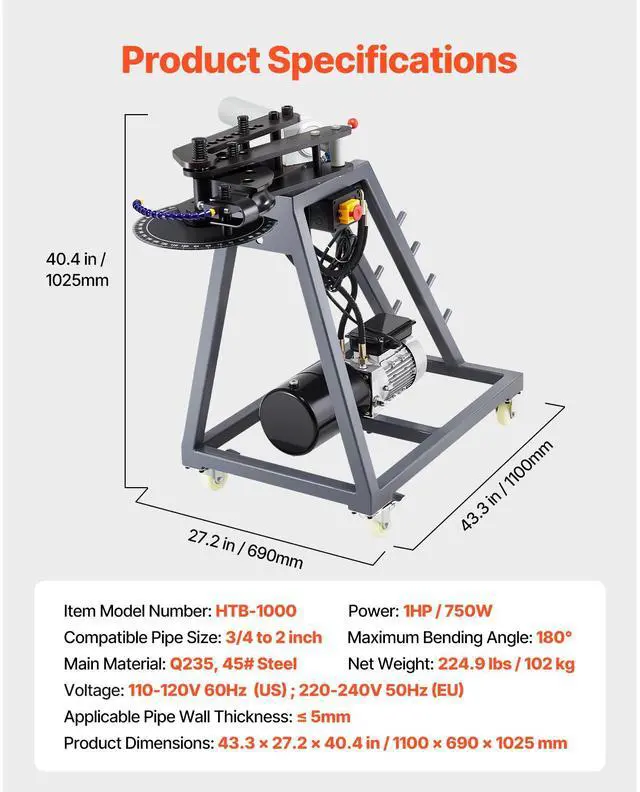 Alt view image 7 of 7 - Electric Tube Bending Machine, 750W Electric Tubing Bender with 6L Hydraulic Cylinder, Movable Pipe Bender Machine with Casters, 3 Dies & 180° Max Bending Angle, Suitable for 3/4 to 2 inch Pipes