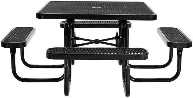 Main image of Picnic Table, Outdoor Weather Resistant Patio Dining Furniture Set, Heavy Duty Coated Steel Tables with Umbrella Hole, 45.7 in Square Table and Bench Set, for Garden, Backyard, Porch, Black