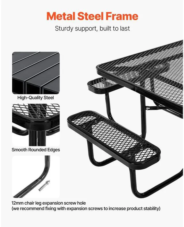 Alt view image 2 of 7 - Picnic Table, Outdoor Weather Resistant Patio Dining Furniture Set, Heavy Duty Coated Steel Tables with Umbrella Hole, 45.7 in Square Table and Bench Set, for Garden, Backyard, Porch, Black