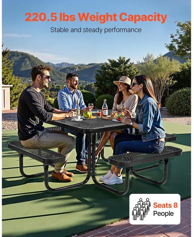 Alt view image 3 of 7 - Picnic Table, Outdoor Weather Resistant Patio Dining Furniture Set, Heavy Duty Coated Steel Tables with Umbrella Hole, 45.7 in Square Table and Bench Set, for Garden, Backyard, Porch, Black