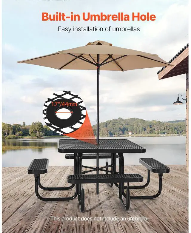 Alt view image 4 of 7 - Picnic Table, Outdoor Weather Resistant Patio Dining Furniture Set, Heavy Duty Coated Steel Tables with Umbrella Hole, 45.7 in Square Table and Bench Set, for Garden, Backyard, Porch, Black