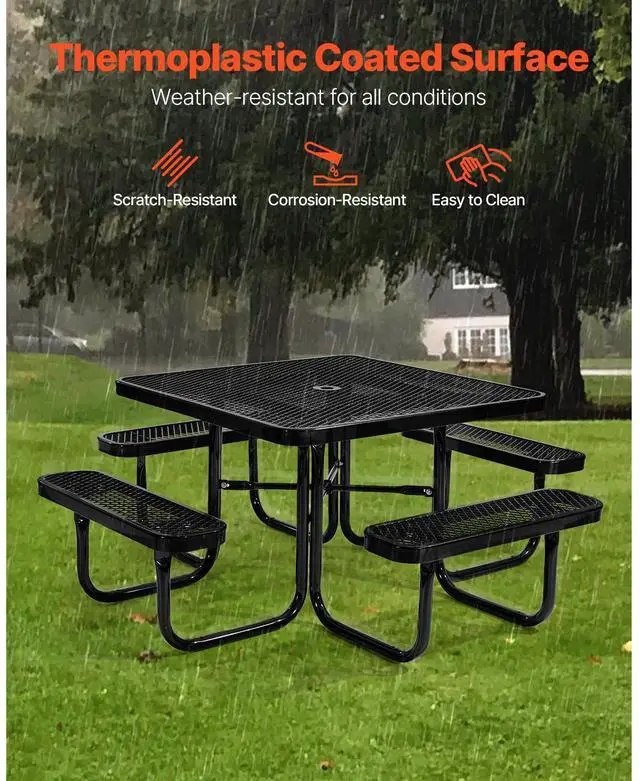 Alt view image 5 of 7 - Picnic Table, Outdoor Weather Resistant Patio Dining Furniture Set, Heavy Duty Coated Steel Tables with Umbrella Hole, 45.7 in Square Table and Bench Set, for Garden, Backyard, Porch, Black