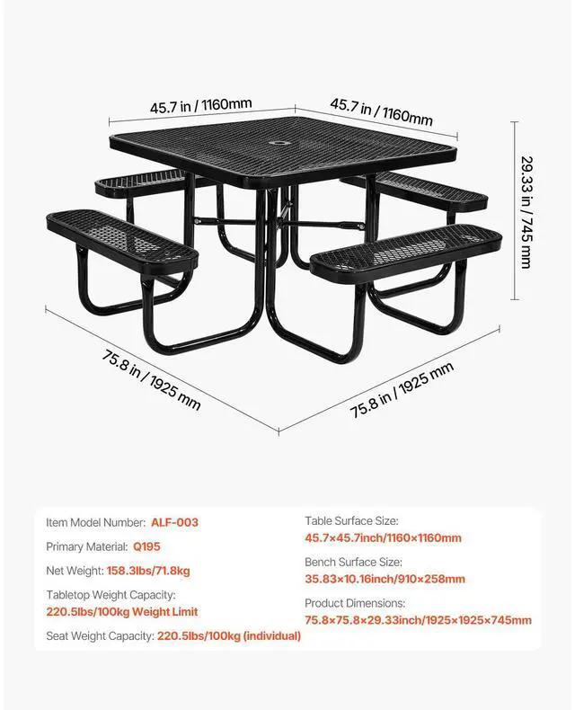 Alt view image 7 of 7 - Picnic Table, Outdoor Weather Resistant Patio Dining Furniture Set, Heavy Duty Coated Steel Tables with Umbrella Hole, 45.7 in Square Table and Bench Set, for Garden, Backyard, Porch, Black
