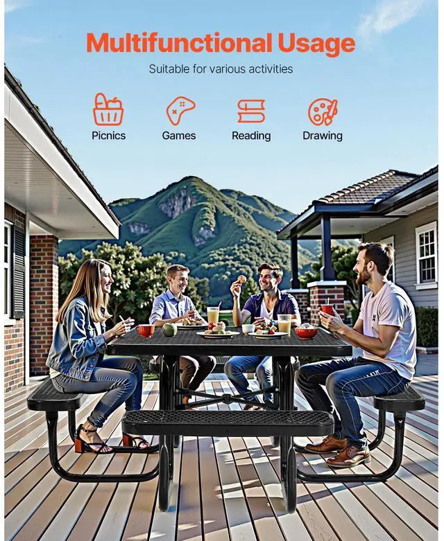 Alt view image 6 of 7 - Picnic Table, Outdoor Weather Resistant Patio Dining Furniture Set, Heavy Duty Coated Steel Tables with Umbrella Hole, 45.7 in Square Table and Bench Set, for Garden, Backyard, Porch, Black