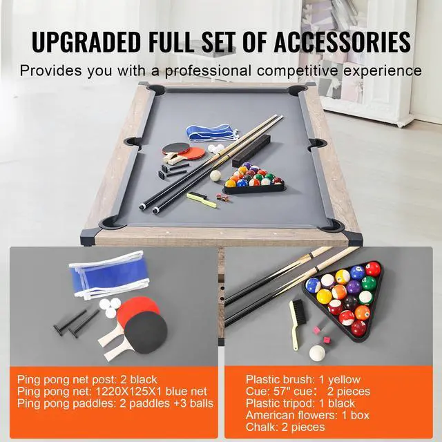Alt view image 5 of 8 - VEVOR Billiards Table Combo Set, 7ft 3-in-1 Multi Game Table with Dining, Pool, and Tennis Table, Includes Full Set of Accessories, Wood Color with Grey Cloth, Perfect for Family Game Room Kids Adults