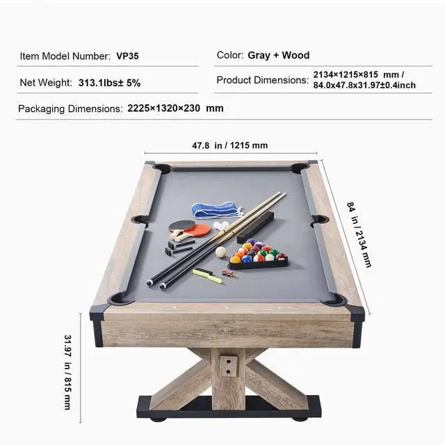 Alt view image 8 of 8 - VEVOR Billiards Table Combo Set, 7ft 3-in-1 Multi Game Table with Dining, Pool, and Tennis Table, Includes Full Set of Accessories, Wood Color with Grey Cloth, Perfect for Family Game Room Kids Adults