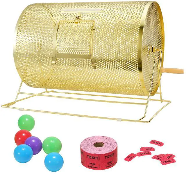 Alt view image 8 of 14 - VEVOR Raffle Drum,Holds 10000 Tickets or 300 Ping Pong Balls, Metal Lottery Spinning Drawing with Wooden Turning Handle, 14.8 x Ø21.26 inch Brass Plated Raffle Ticket Spinning Cage, for Bingo Ballot