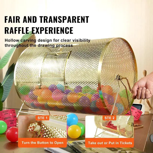 Alt view image 13 of 14 - VEVOR Raffle Drum,Holds 10000 Tickets or 300 Ping Pong Balls, Metal Lottery Spinning Drawing with Wooden Turning Handle, 14.8 x Ø21.26 inch Brass Plated Raffle Ticket Spinning Cage, for Bingo Ballot