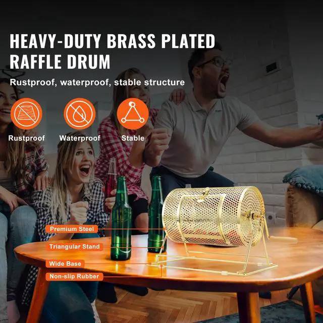 Alt view image 9 of 14 - VEVOR Raffle Drum,Holds 2500 Tickets or 100 Ping Pong Balls, Metal Lottery Spinning Drawing with Wooden Turning Handle,11.6 x Ø7.48 inch Brass Plated Raffle Ticket Spinning Cage, for Bingo Ballot Pa