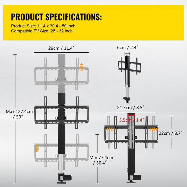 Alt view image 6 of 7 - Automated TV Elevator, 20" Stroke for 28-32" TVs. Remote-Controlled, Adjustable Height 30-50", Supports up to 132 lbs