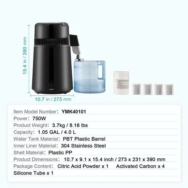 Alt view image 14 of 14 - VEVOR Water Distiller, 4L 1.05 Gallon Pure Water Purifier Filter For Home Countertop, 750W Distilled Water Maker, Stainless Steel Interior Distiller Water Making Machine to Make Clean Water, Black