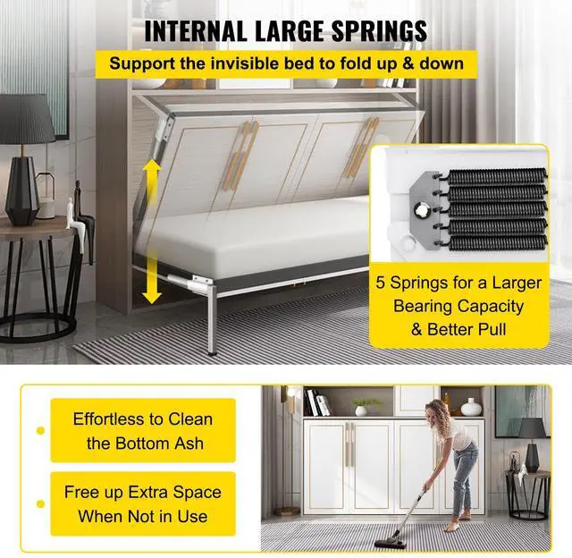 Alt view image 3 of 7 - Murphy Mounting Wall Springs Mechanism Heavy Duty Support Hardware DIY Kit for Queen Twin Size Bed (Horizontal), White