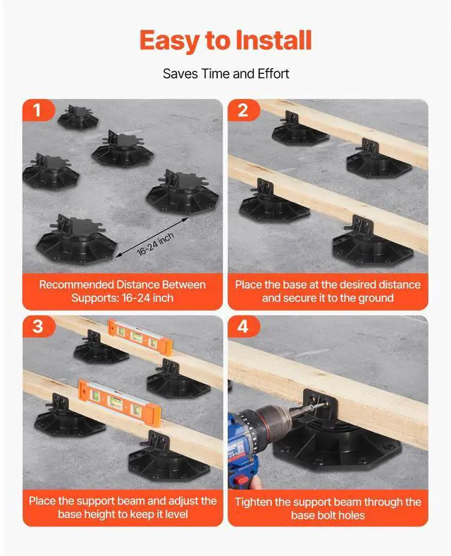 Alt view image 7 of 8 - VEVOR Deck Blocks 24 PCS, 2000lbs / 907.18kg Load Capacity Deck Support Plastic Pedestal Paver, Raising 1.18 - 2.36 inch / 30 - 60 mm, Height Adjustable Shed Foundation Base for Wood Concrete Metal